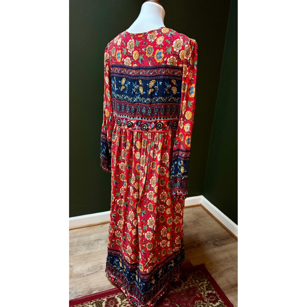R Vivimos Red Floral Bohemian Hippie Cottagecore Long Sleeve Maxi Dress Med - Picture 4 of 8